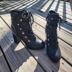 DKNY Lenni Black Lace Up Block Heel Leather Combat Boots
